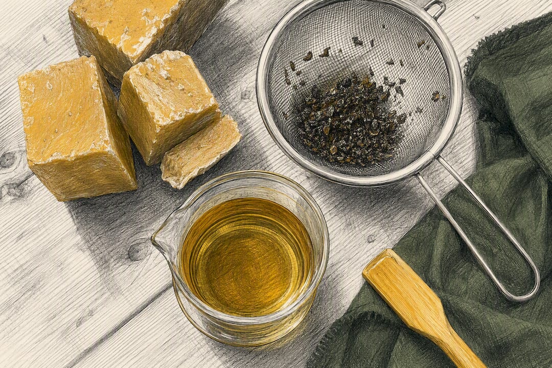 Filtered beeswax beside propolis residue