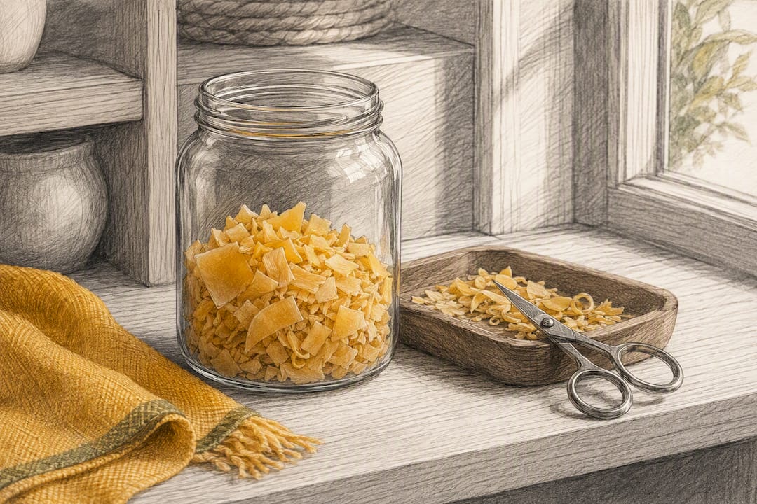Glass jar collecting beeswax candle scraps