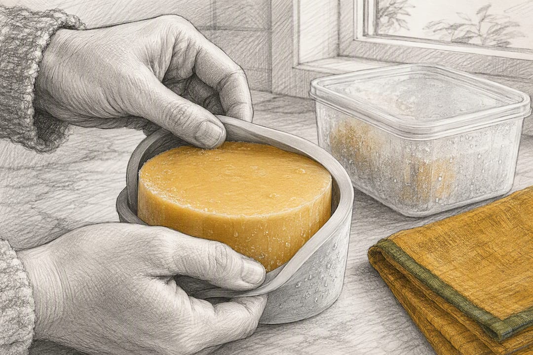 Hands peeling silicone from beeswax candle