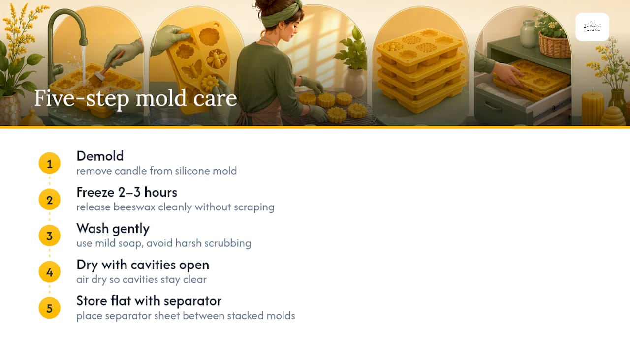 Five-step beeswax mold care sequence