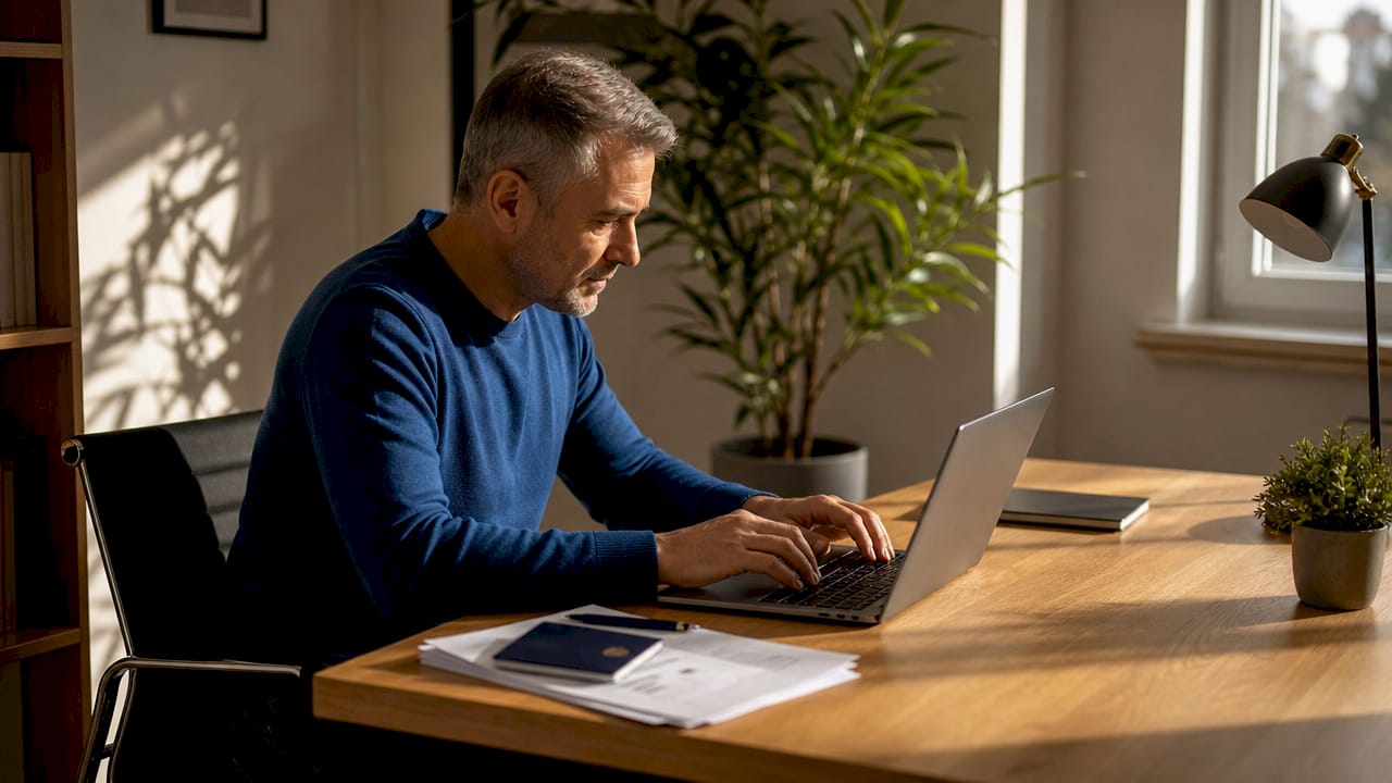 Hands typing on laptop with passport and checklist