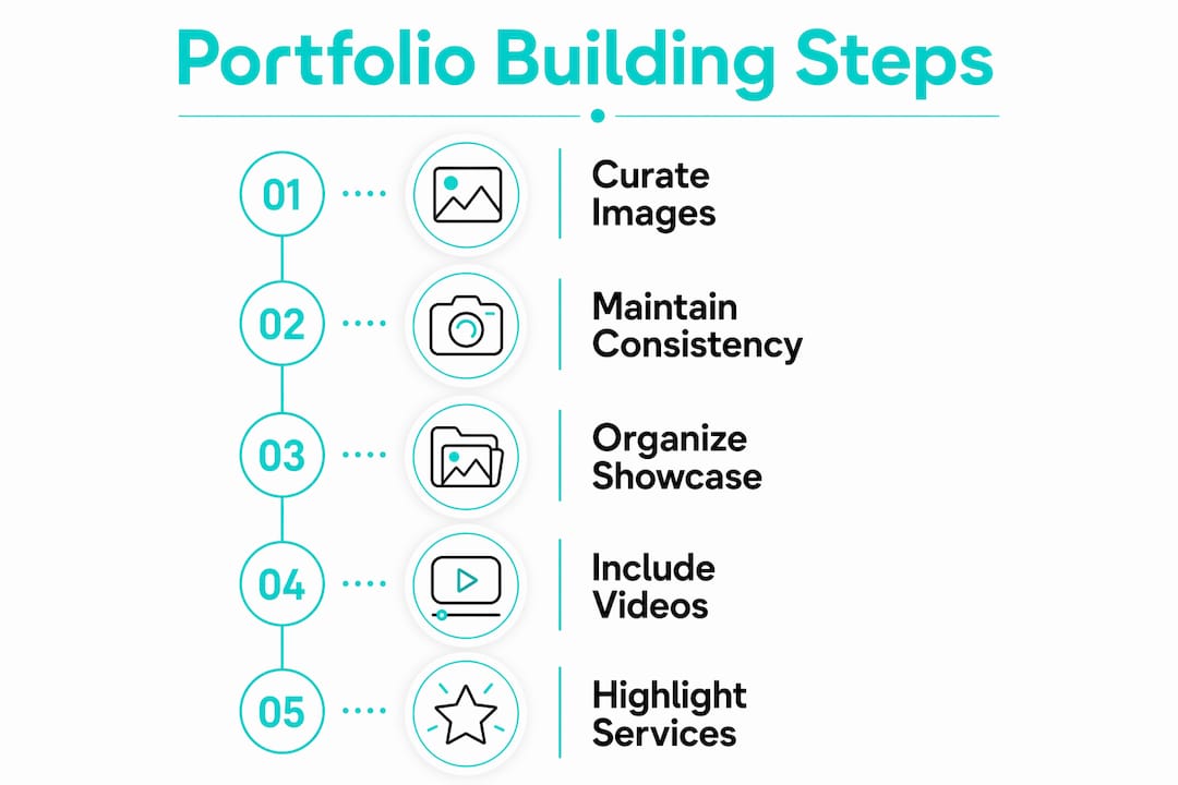Infographic titled “Portfolio Building Steps” with five numbered steps and small icons on a white background