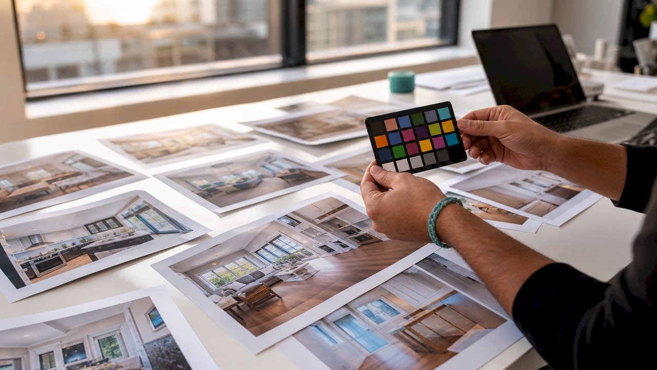 Hands comparing a Rubik’s Cube over architectural design plans on a desk near a window