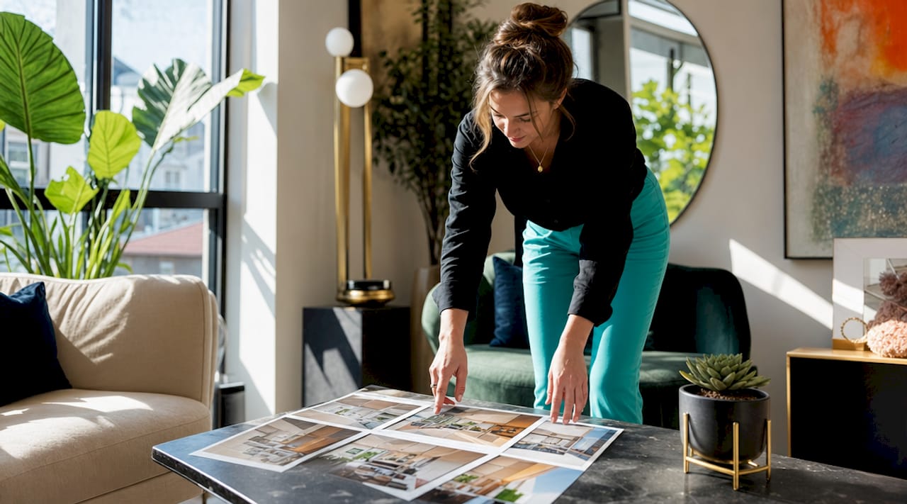 Person leaning over a coffee table, arranging printed photos in a bright modern living room.