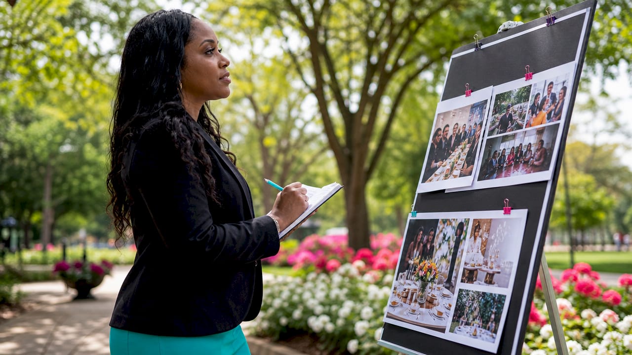 Woman taking notes beside an outdoor poster board in a park with flowers and trees