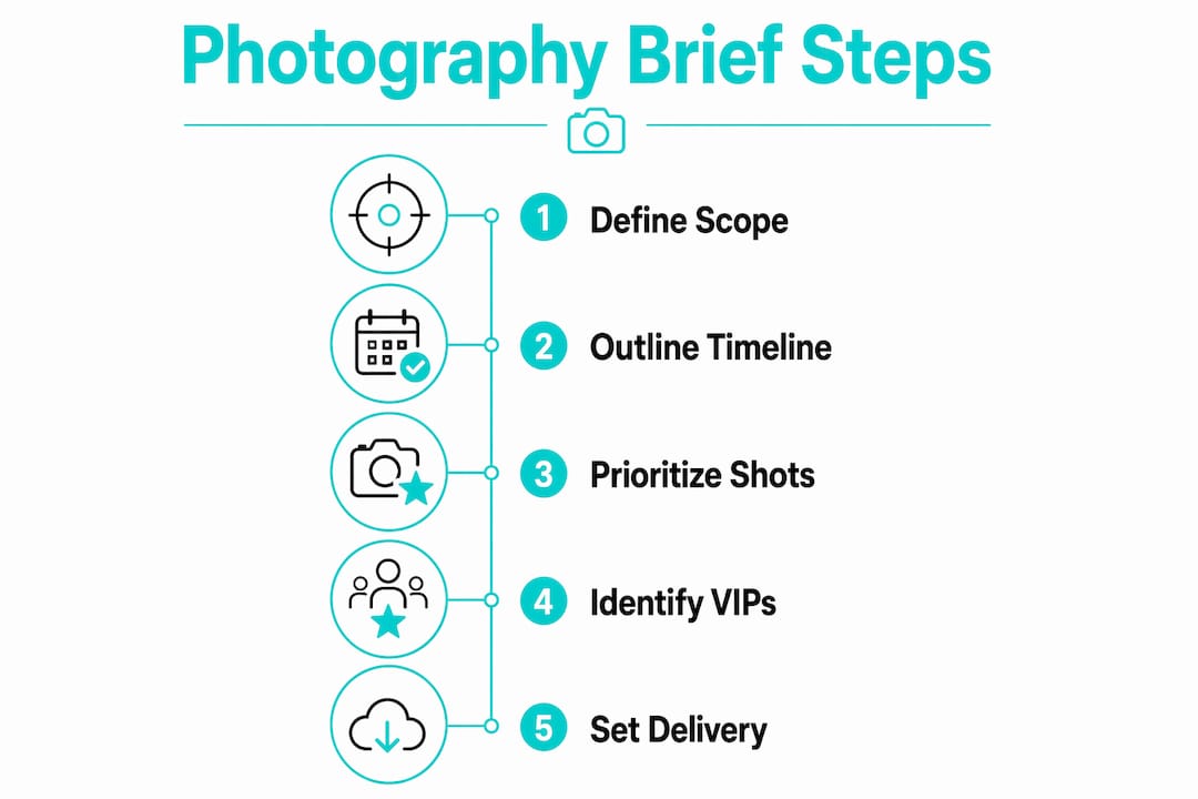 Photography brief steps infographic listing define scope, outline timeline, prioritize shots, identify VIPs, and set delivery
