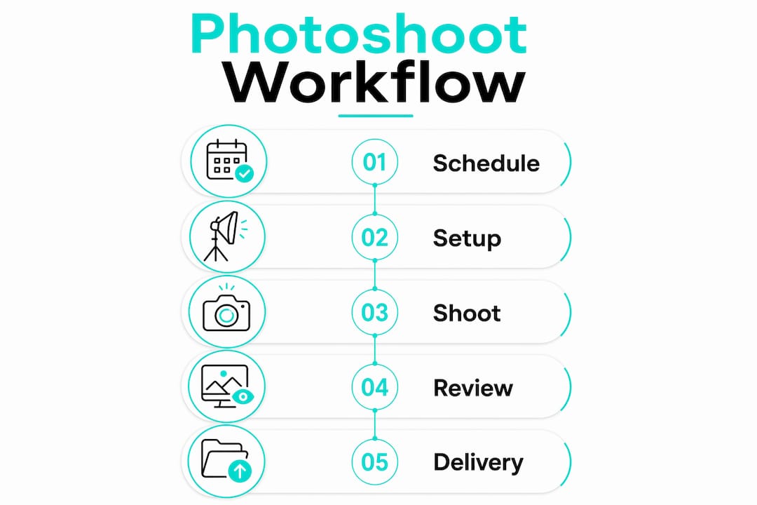 Photoshoot workflow infographic listing schedule, setup, shoot, review, and delivery steps in turquoise and black