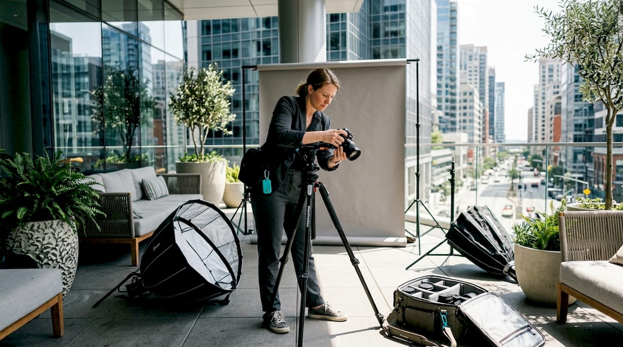 Photographer adjusting a camera on a rooftop terrace with city skyline and lighting gear behind him