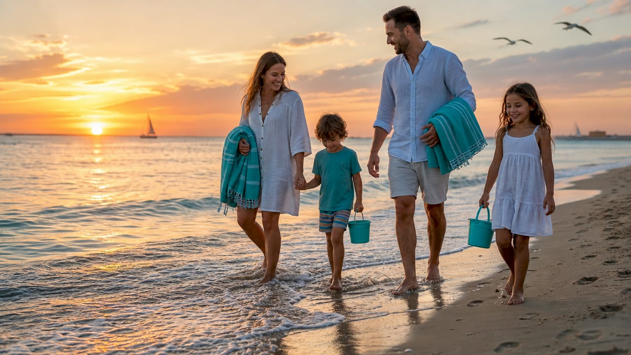 Family walking barefoot along the beach at sunset, carrying boogie boards and towels