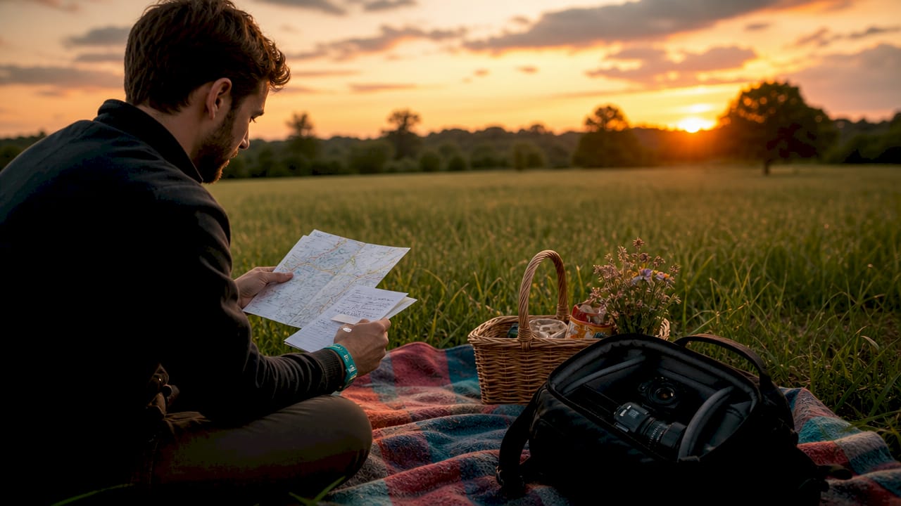 Person reading a map on a blanket in a grassy field at sunset, with a backpack nearby.