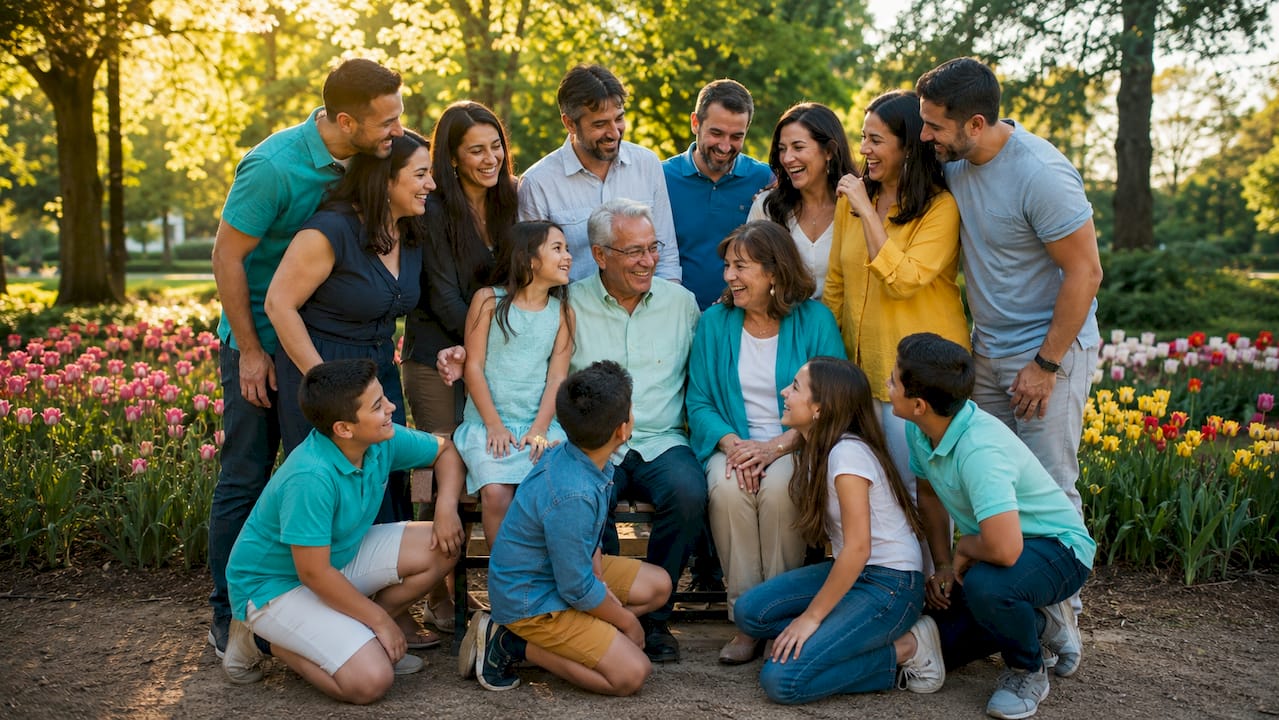 Group of people crouching and smiling together in a sunny garden with flowers and trees