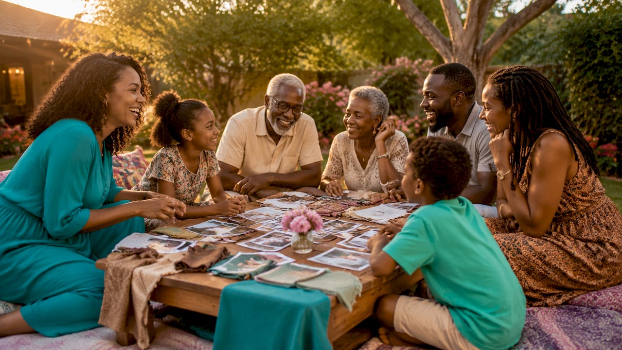 Group gathered outdoors around a low table with fabrics, smiling and conversing at sunset
