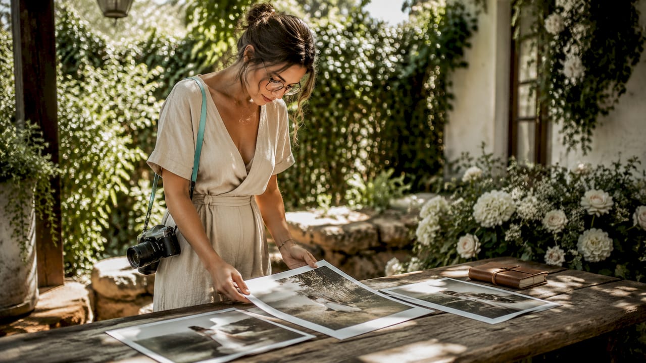Woman arranging papers on a rustic outdoor table in a sunlit garden courtyard.