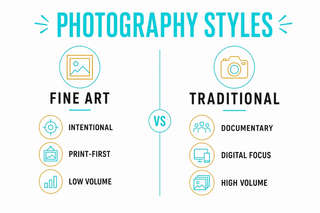 Infographic comparing photography styles: fine art vs traditional, with icons and labels.