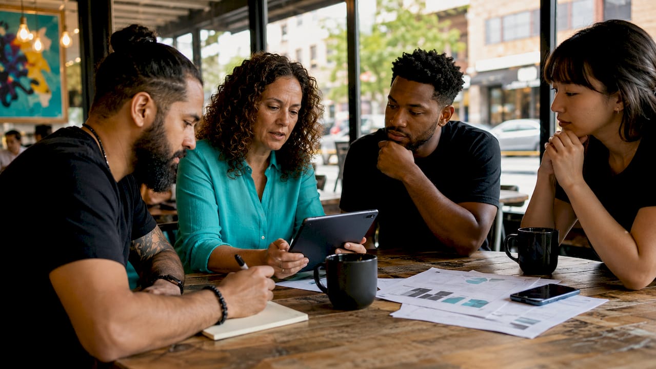 Four coworkers collaborating at a table with papers, notebooks, and laptops in a bright office setting