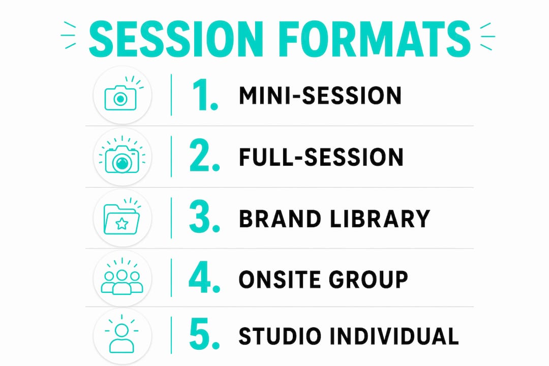 Teal “Session Formats” list with five options: Mini-Session, Full-Session, Brand Library, Onsite Group, Studio Individual