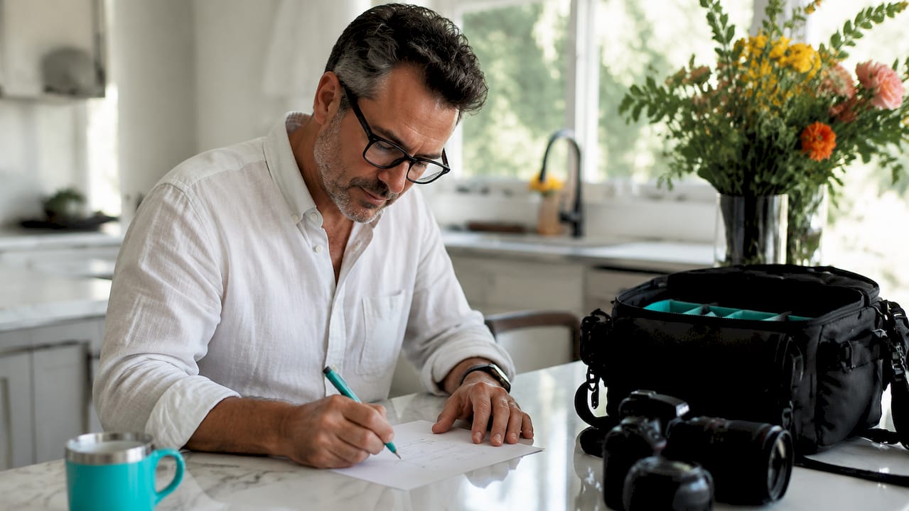Man in white shirt writing at a kitchen table beside a camera bag and flowers