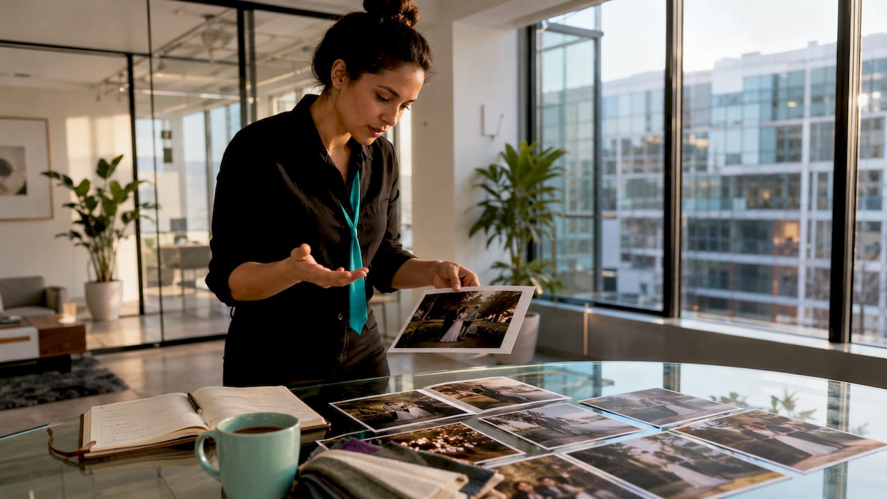 Person reviewing printed photos at a desk in a bright office with large windows