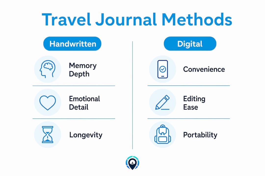 Travel Journal Methods: handwritten vs digital comparison with icons and blue headings
