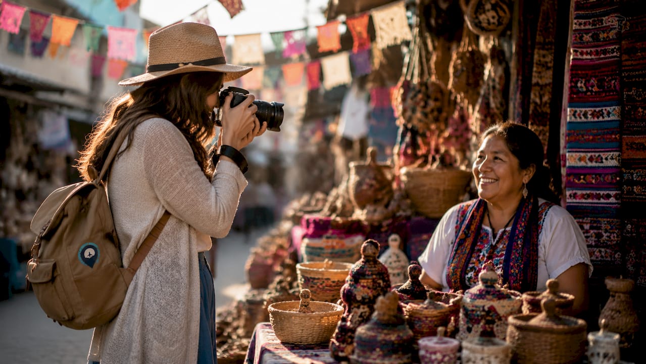 Tourist photographing a smiling artisan at a colorful market stall with handmade pottery