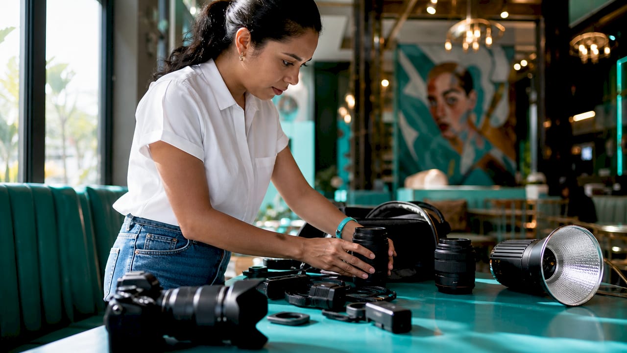 Person arranging camera equipment on a turquoise table in a café-like setting