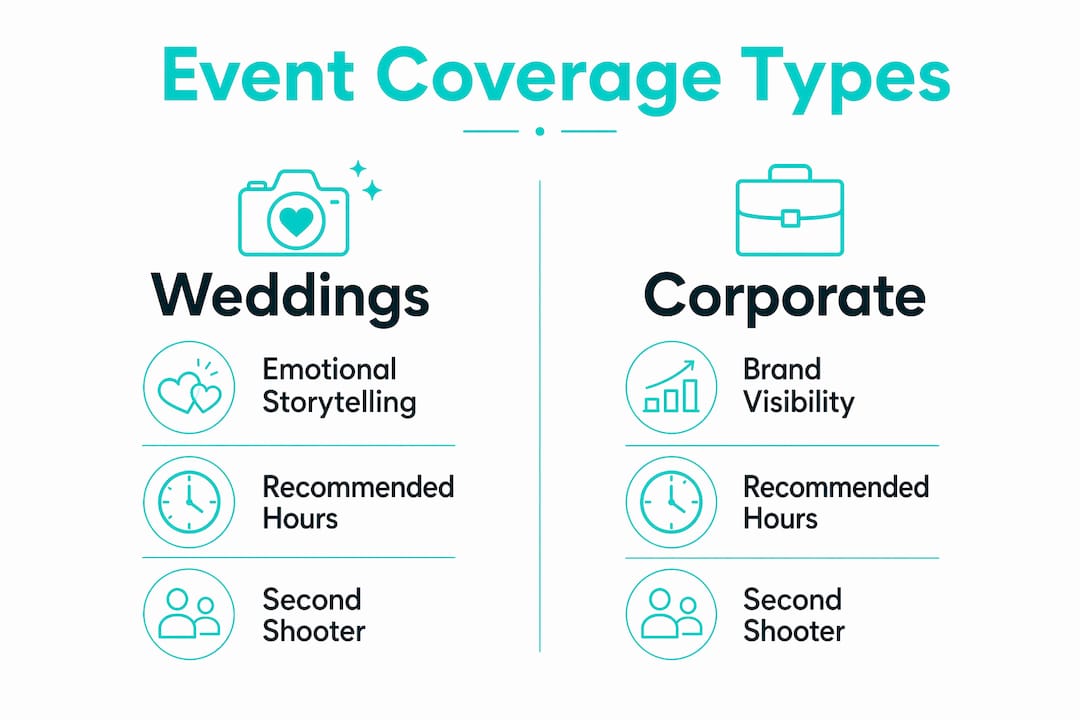 Event Coverage Types infographic: Weddings and corporate, with icons for emotional storytelling, brand visibility, recommended hours, second shooter