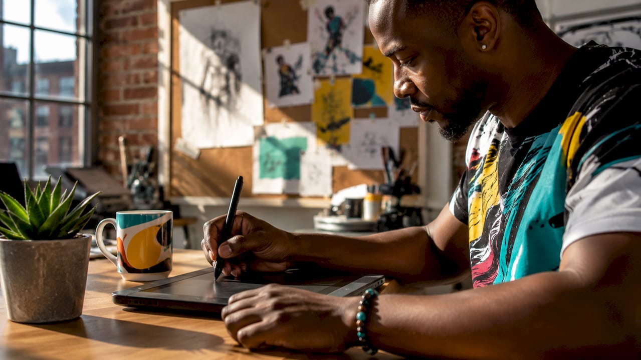 Person writing at a wooden desk beside a mug and potted plant in a sunlit workspace