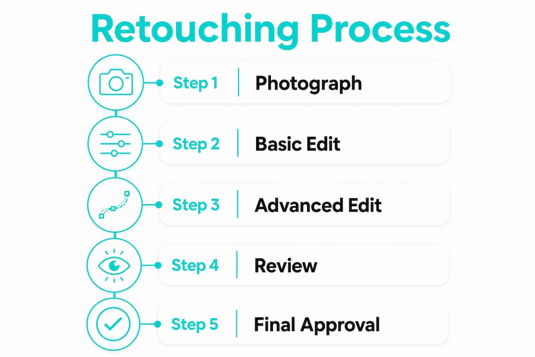 Retouching process infographic with five steps: Photograph, Basic Edit, Advanced Edit, Review, and Final Approval.