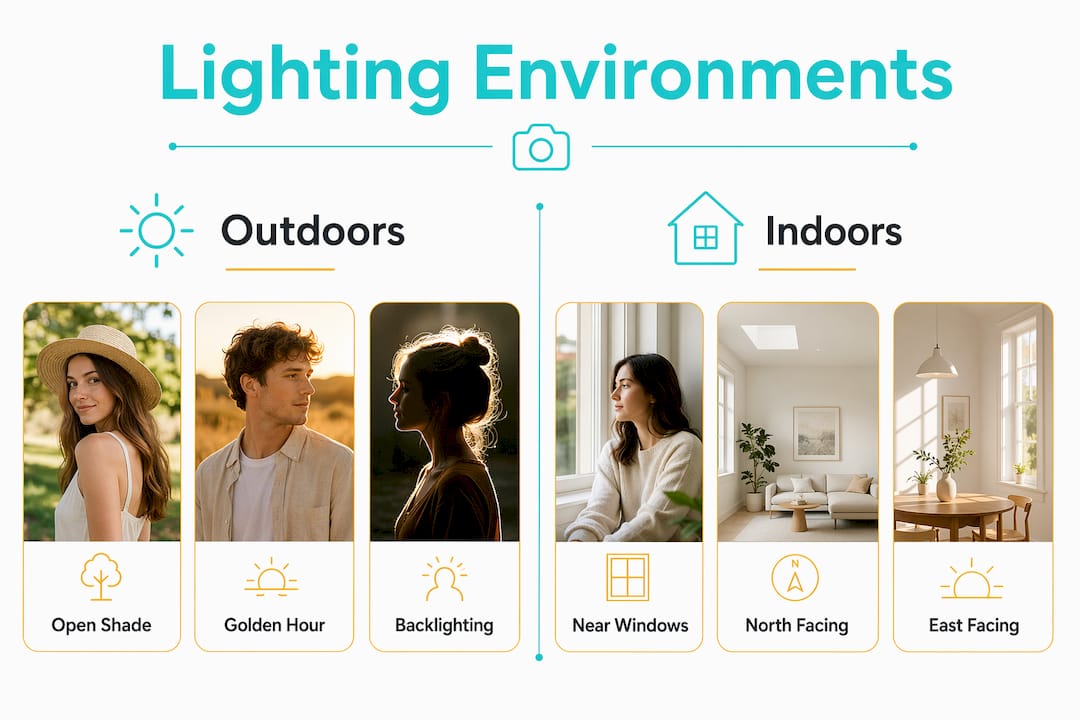 Lighting environments infographic showing outdoor and indoor scenes with different lighting types.