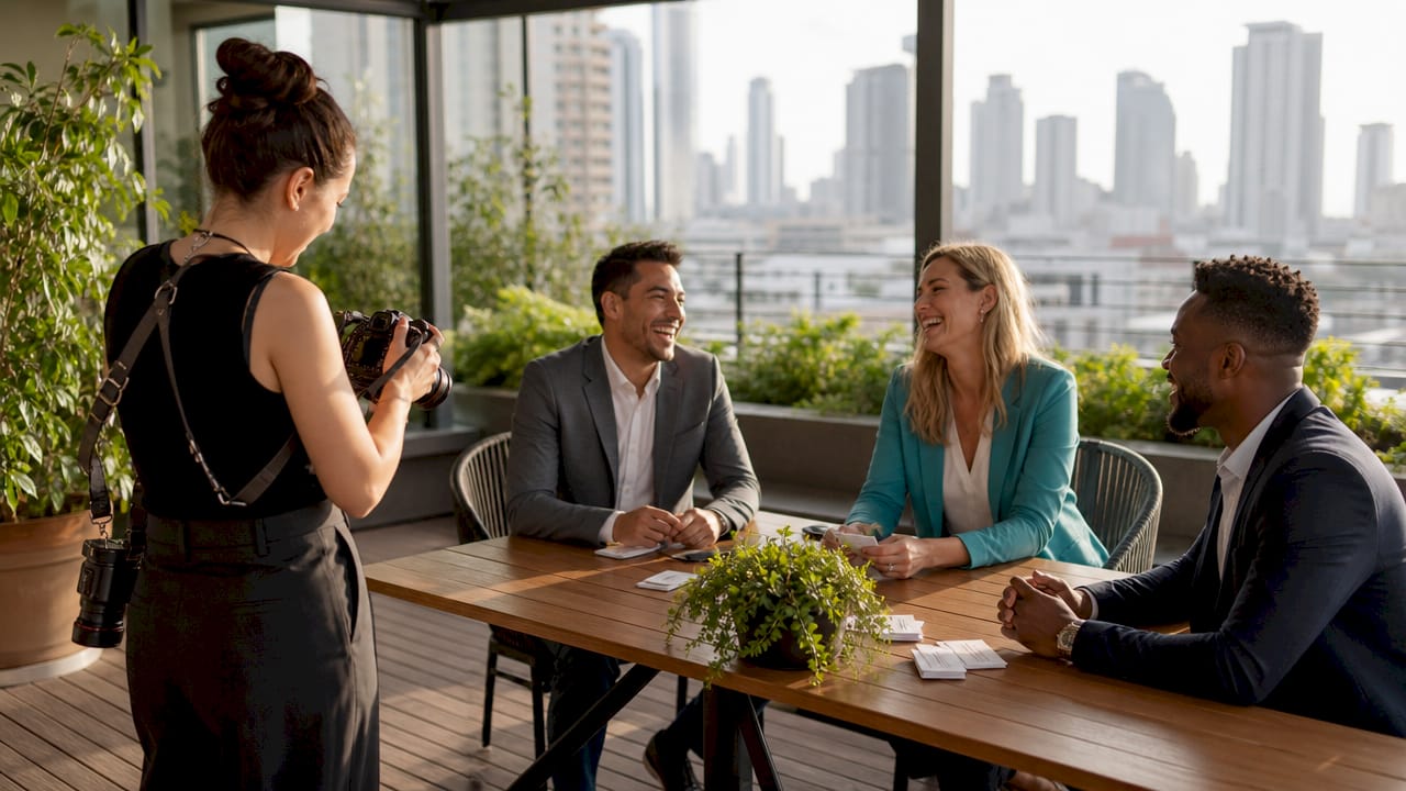 Business meeting on a rooftop terrace, with four people seated at a wooden table overlooking a city skyline.