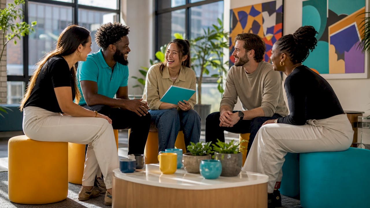 Group in a bright office lounge discussing around a coffee table, with colorful mugs and wall art.
