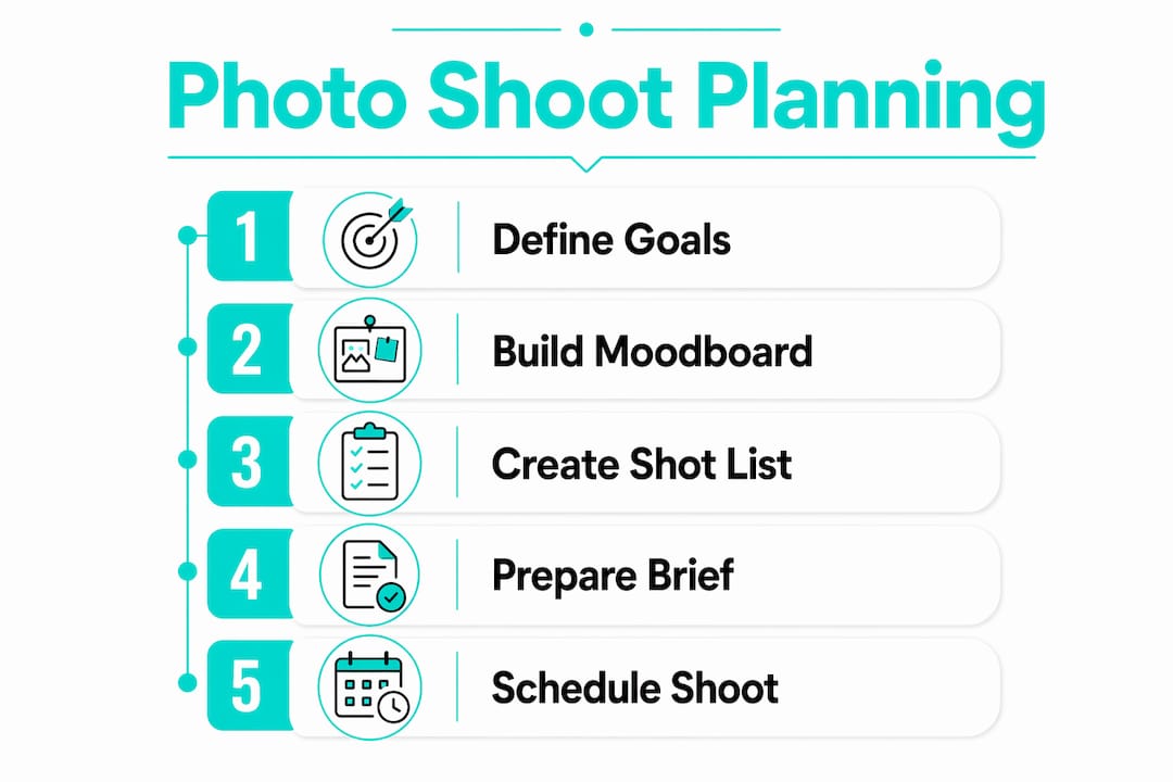 Photo Shoot Planning checklist with five steps: define goals, build moodboard, create shot list, prepare brief, schedule shoot