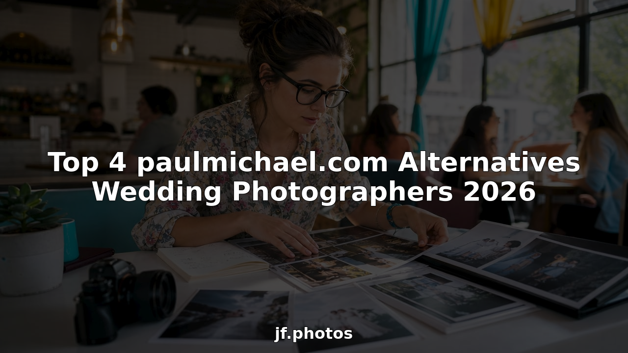 Wedding photographer reviewing photos at laptop with headline “Top 4 paulmichael.com Alternatives Wedding Photographers 2026”
