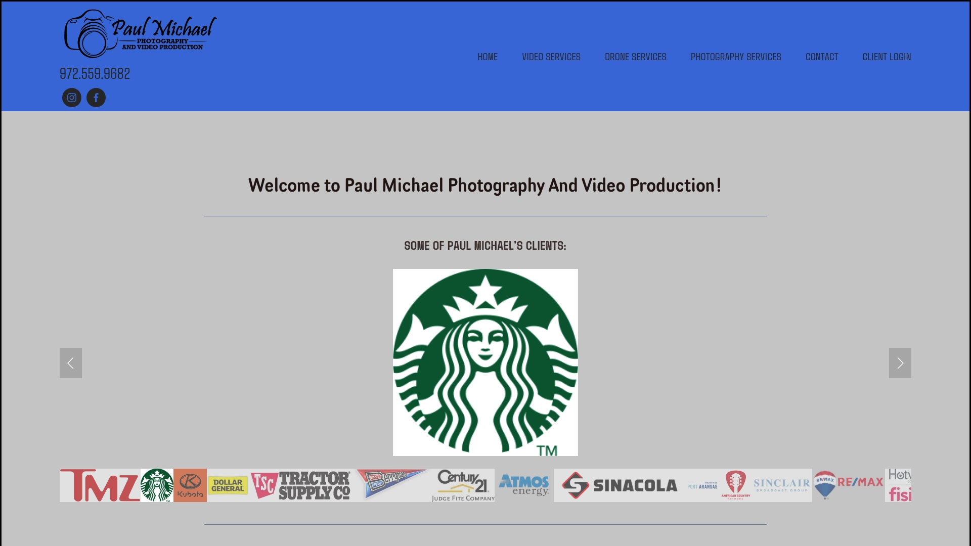 Website homepage with blue header, Starbucks logo centered, and sponsor logos along the bottom