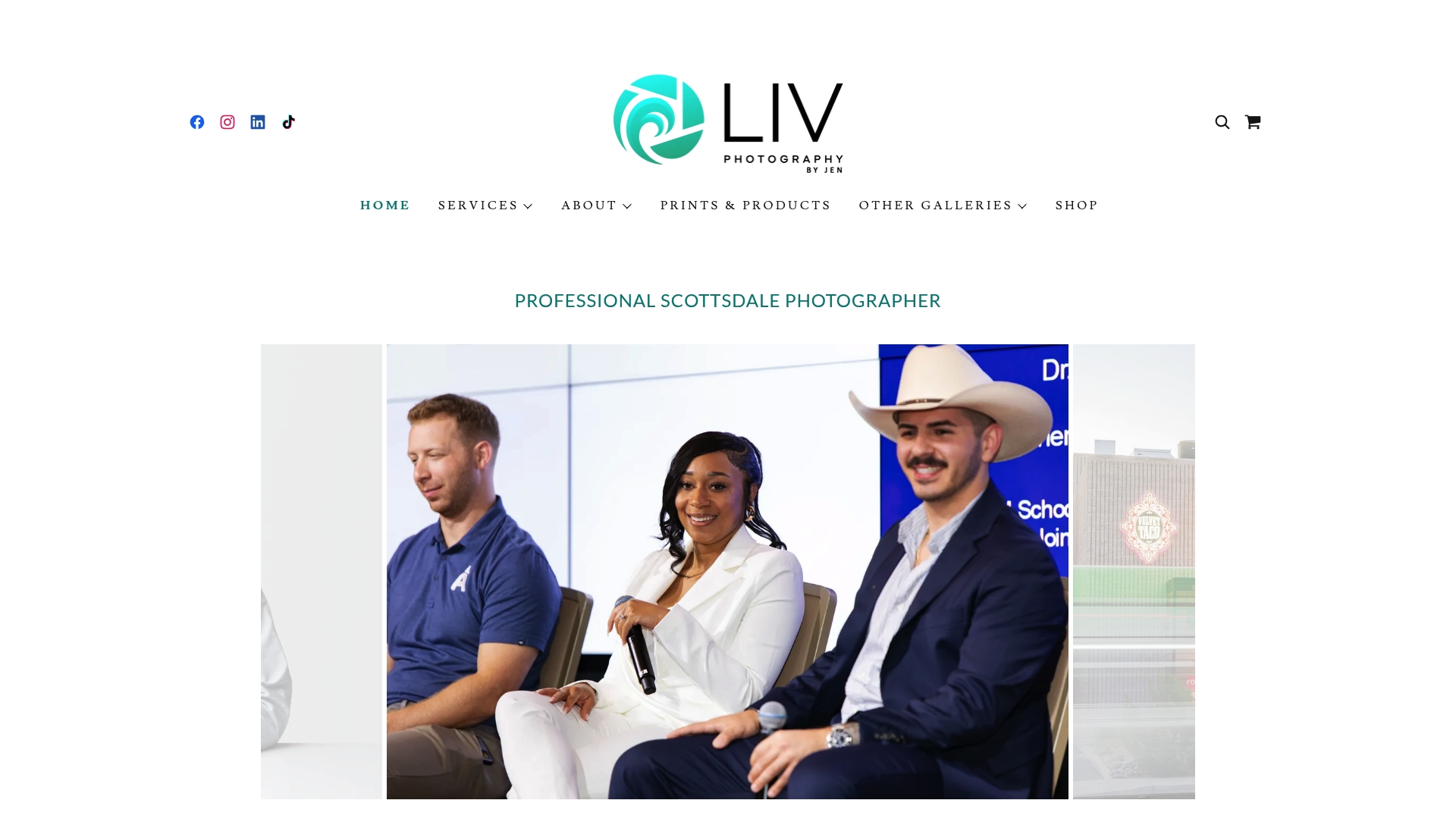 LIV website homepage showing three seated people in a bright office-style hero banner