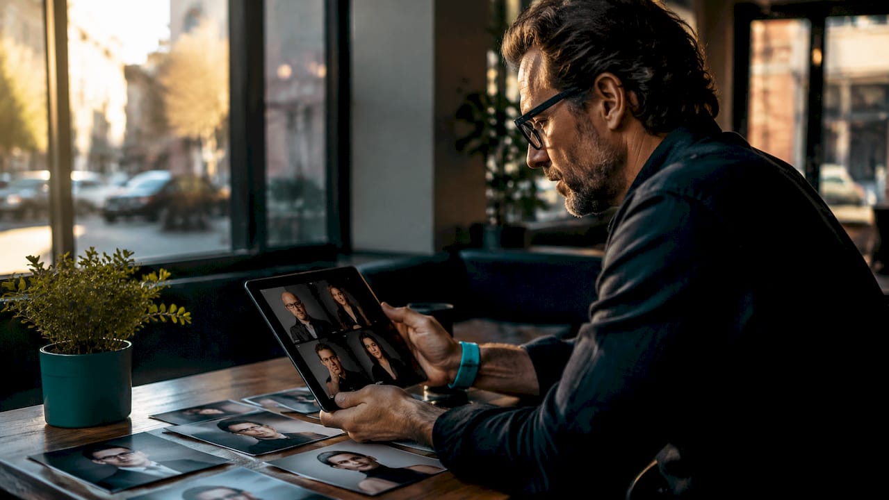 Man reviewing documents on a tablet at a café table by a window, with a potted plant nearby.