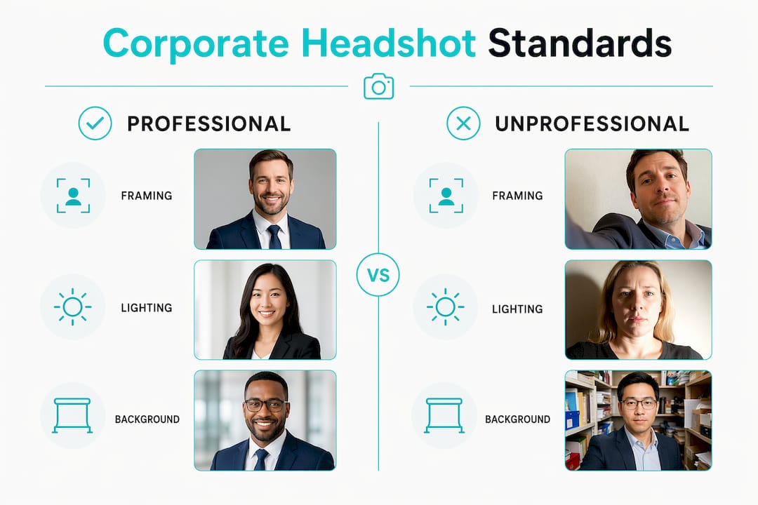 Corporate headshot standards infographic comparing professional and unprofessional photos