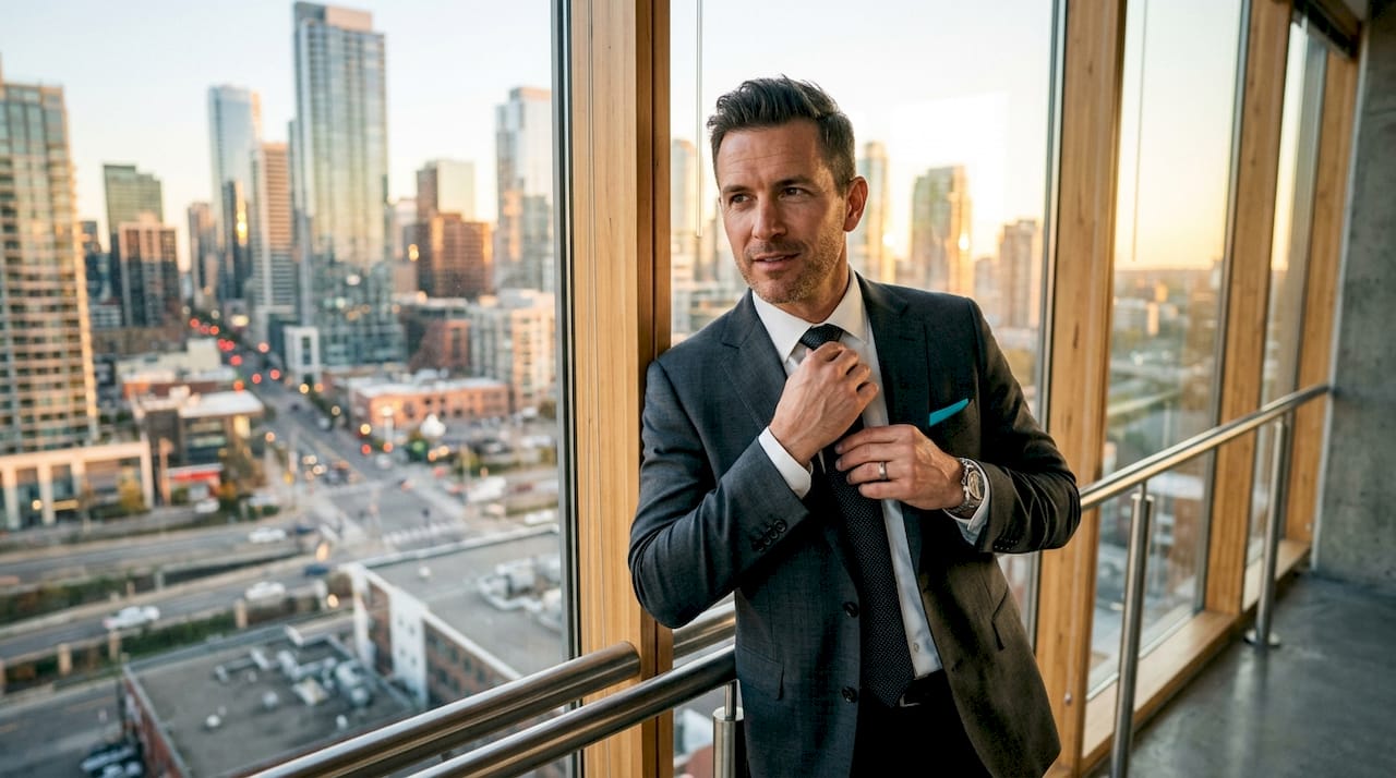 Businessman adjusting tie by office window with city skyline at sunset.
