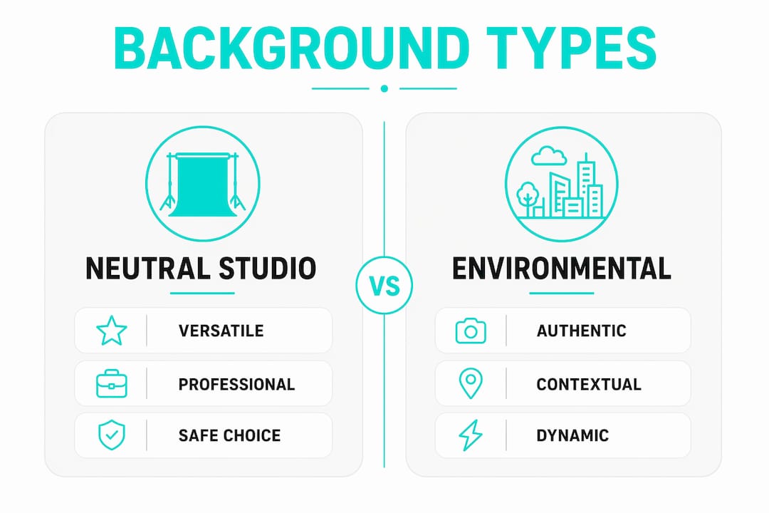 Background types chart comparing Neutral Studio and Environmental, with teal icons and labels.