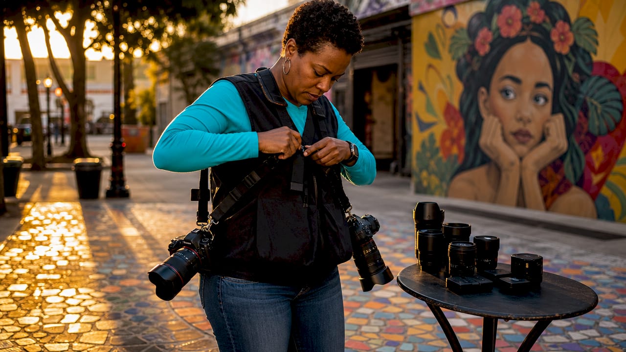 Photographer adjusting camera gear at a table beside a mural in a sunlit street scene