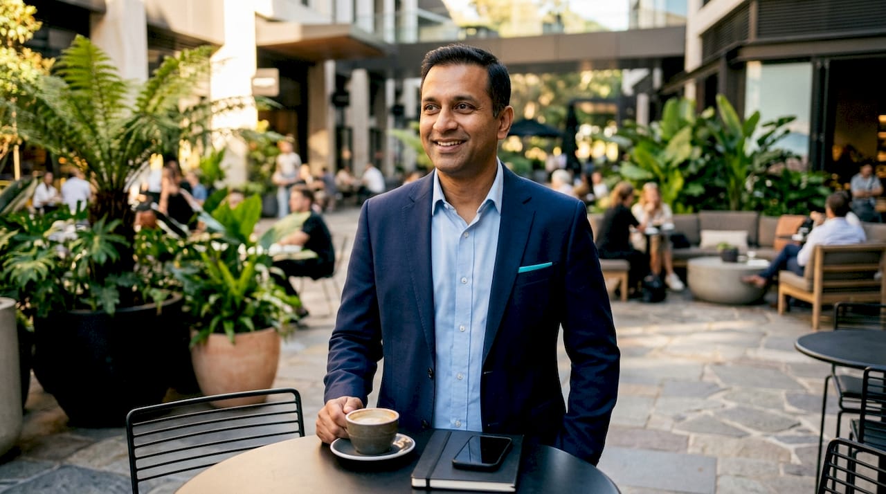 Man in a navy blazer holding coffee at a cafe table in a leafy outdoor courtyard