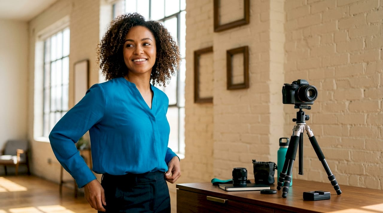 Woman in blue blouse standing beside a camera on a tripod in a bright room