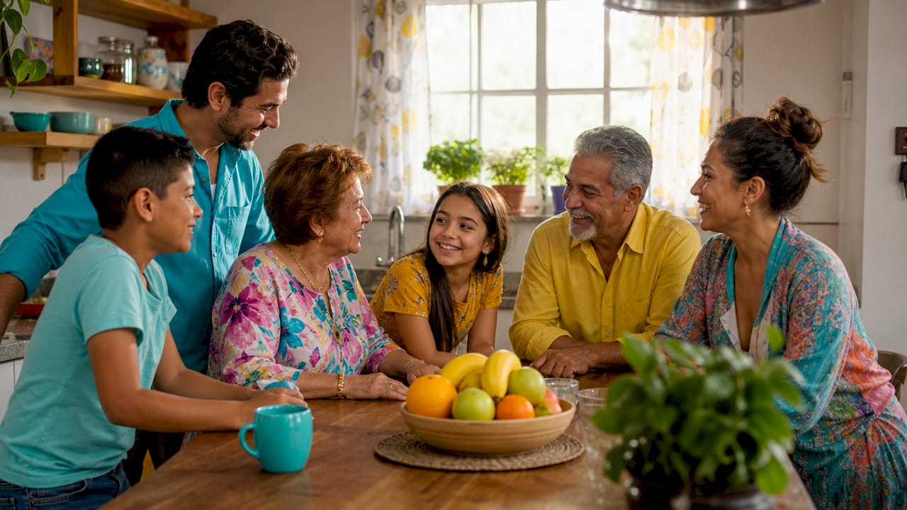 Family gathered around a dining table with fruit, smiling and talking in a cozy kitchen