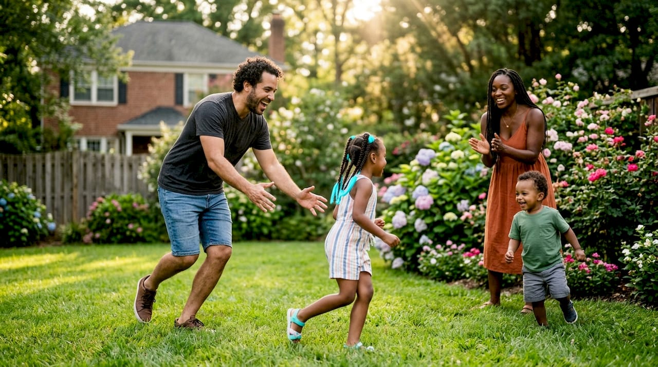 Family playing on a sunny lawn with a man, woman, and two children near blooming flowers