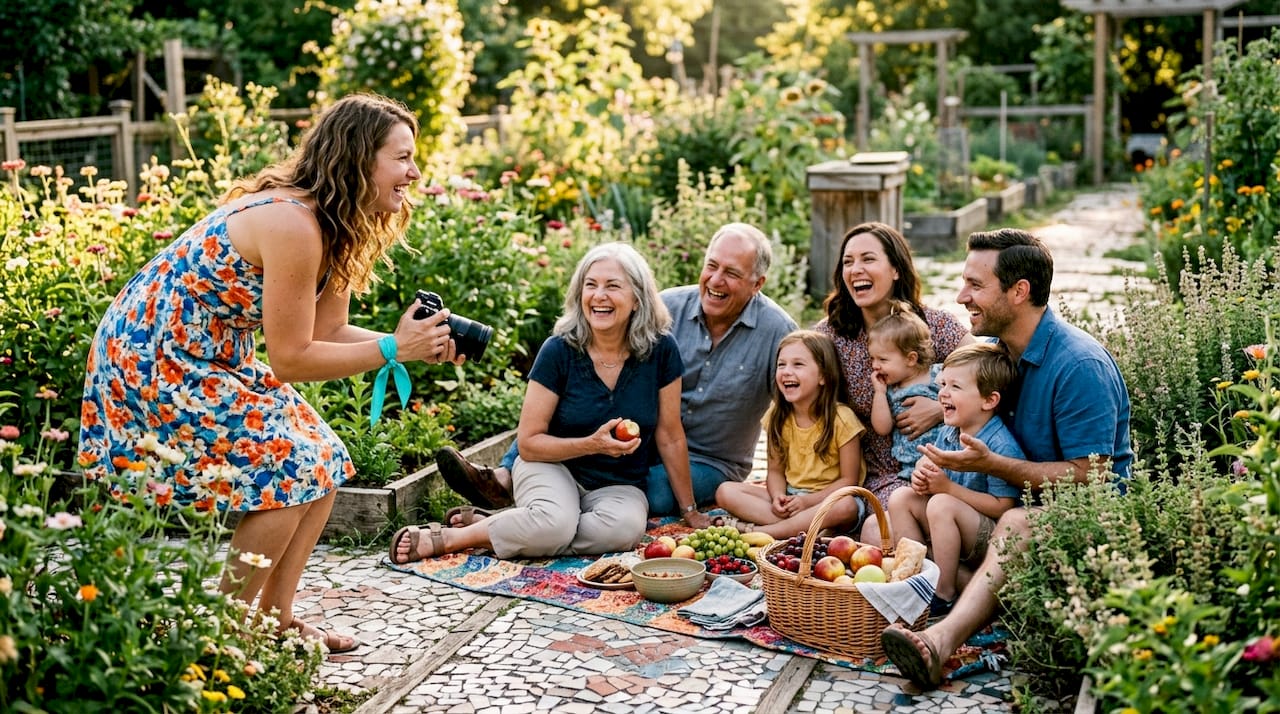 Group of people picnicking in a garden while a woman offers a drink in the foreground