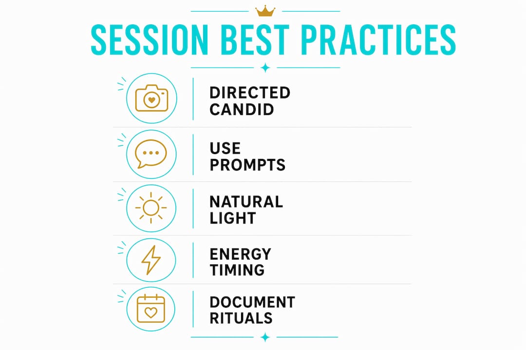 Session best practices infographic with icons: directed candid, use prompts, natural light, energy, timing, document rituals.