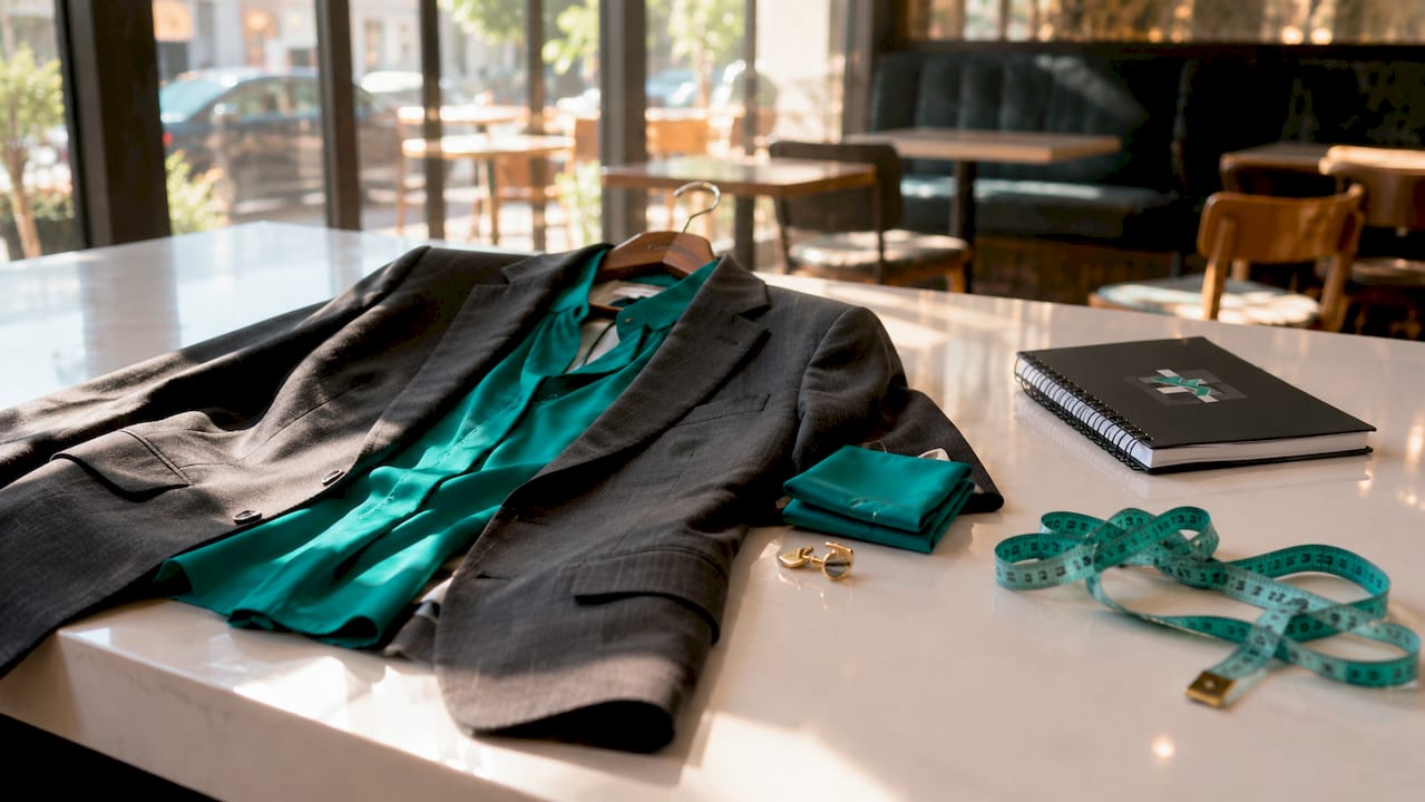 Dark suit and teal tie on a table with matching accessories in a bright café setting