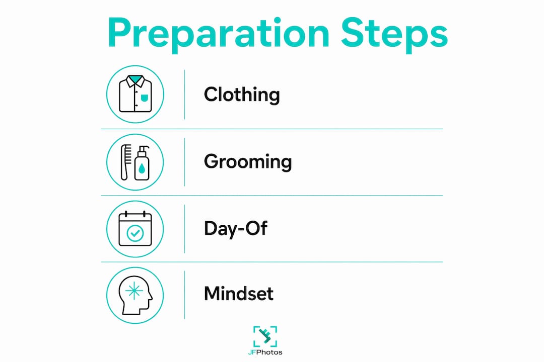 Preparation steps checklist with icons: clothing, grooming, day-of, and mindset in teal and black.