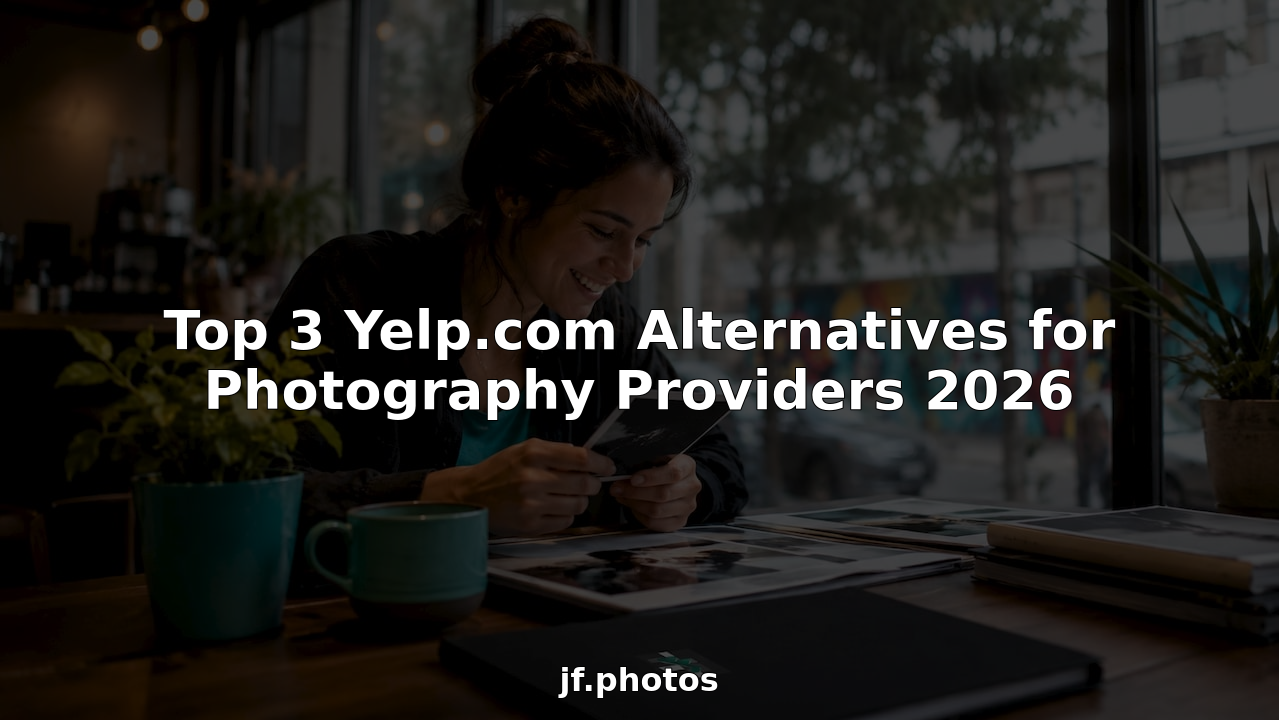 Dark photo of a person writing at a desk with headline text: “Top 3 Yelp.com Alternatives for Photography Providers 2026”