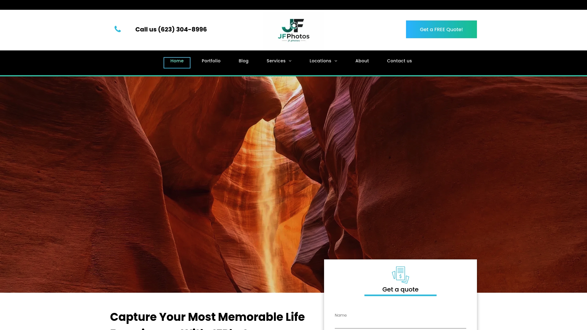 Website homepage with canyon rock background and the slogan “Capture Your Most Memorable Life”